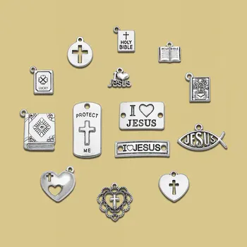 Antique Silver Plated Ljubim Jezusa Čare Križ Sveto Knjigo Srce Obeski Za Diy Nakit, Izdelava Dodatkov Na Debelo Postavke V Razsutem