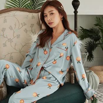 2021 Nove Ženske Sleepwear Spanja Pomlad Novo Imitacije Svile Pižamo Oranžna Tiskanja Študent Udoben Dom, Oblačila Sleepwear Ženske