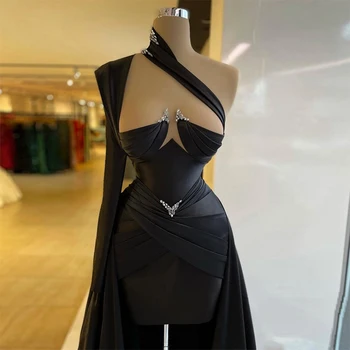 Črna Eleganten Modni Maturantski Obleki Eno Dolge Rokave Kristalno Dolgo Vlak Ženske Saten Večernih In Cocktail Oblek Plus Velikost Po Meri