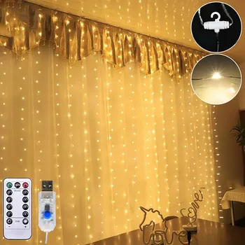 Vila Zavesa Svetlobe LED Daljinski upravljalnik USB Garland Niz Luči Za Domačo Spalnico Okno Božično zabavo Dekoracijo 8 Načini #Y