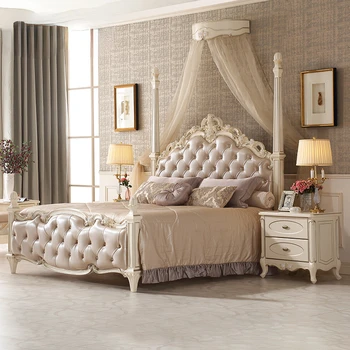 Francoski stil usnje zakonsko posteljo Evropske rose vklesan poročno posteljo, spalnico iz masivnega lesa velika postelja