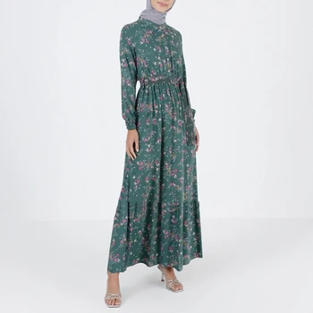 Elegantno Etnične Cvetlični Maxi Obleke za Ženske Eid 2022 O Vratu Dolg Rokav Haljo Swing arabski Muslimani Modna Oblačila Zelena