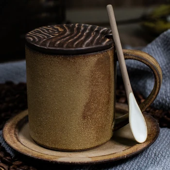 Groba keramika skodelico kave in krožnik nastavite ročno Japonski retro skodelico kave umetnosti pokal keramike, ročno oprati skodelico kave s pokrovom.