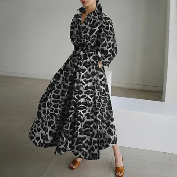 Ženske Jeseni Sundress 2023 Elegantno Dolgo Rokavi Obleka Leopard Tiskanja Dolg Rokav Maxi Vestidos Ženski Priložnostne Visoka Vitka OL Oblačilih