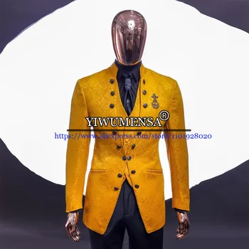Luksuzni Moških Obleko Jacquardske Saten Dvojno Zapenjanje Design Formalno Poroko Meri 3 Kosov (Suknjič+Zahodu+Hlače ) Ženinov Jopičem