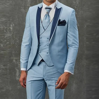 Moda za Moške Obleke, Slim Fit Modro Nebo Jopičem Vrha River 3 Kos Obleko Poročno Meri Ženina Večerjo Formalno Kostum 2023