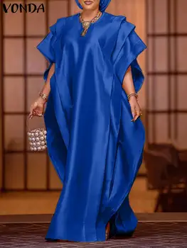 Ženske Stranka Obleko Maxi VONDA Elegantno Satena Svilena Obleka 2023 Priložnostne Svoboden Kratek Sleeve Solid Color Poletje Vestido Femme Robe