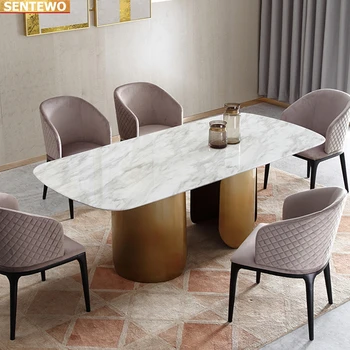 Oblikovalec Razkošje jedilnico Marmorja Rock Slab jedilno mizo set 6 stoli mesa de jantar jasli marbre iz Nerjavečega jekla, zlata, znanja