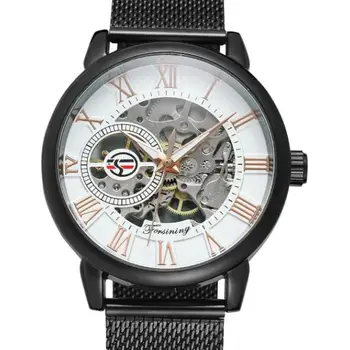 Luksuzni Forsining blagovne Znamke 3d Logo Design Graviranje Votlega Črno Zlato Primeru Polno Jekleno Ogrodje Mehanske Ure Moških Heren Horloge