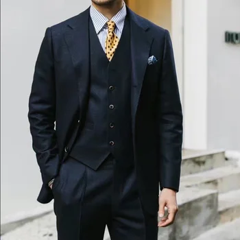 Nov Prihod moška Classic Black italijanski Volne Obleke Tweed po Meri Izdelane Formalne 3 Kosov Prilagojene Mens Obleko
