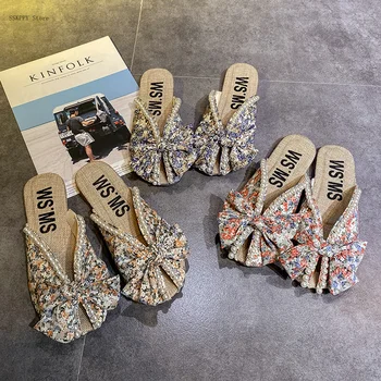 Ženski sandali poletje obrabe 2022 novo bowknot ravno dno modni vse-tekmo ženskih udobno Baotou pol copati ženske