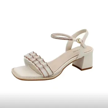 Ženske kvadratnih pete peep-toe pravljice slog ženske sandale z eno vrstico sponke za udobno stilsko petah poletje new2023