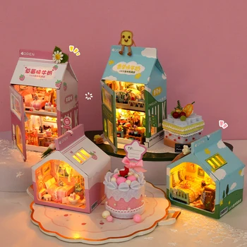 NOVO DIY Lesene Mini Torto Spalnica Casa Lutka Hiše Miniaturne Zgradbe Kompleti s Pohištvom Svetlobe Lutke Igrače za Odrasle Darila