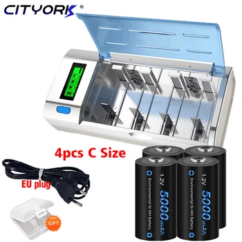 CITYORK C baterije 5000mAh 1,2 V NIMH tip C polnilna baterija R14 C Celično baterijo C + LCD Polnilec za AA, AAA, C, D, 9V