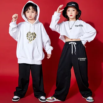 Korejski Big Otroci Hip Hop Ulične Belo Pismo Tiskanja Hoodies Črne Hlače za Fante, Otroci, Dekleta Puloverju Sweatshrits 2pcs