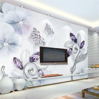 beibehang 3d stereo vijolični kristal cvet butterfly nakit TV ozadju stene po meri, velika zidana zeleno ozadje