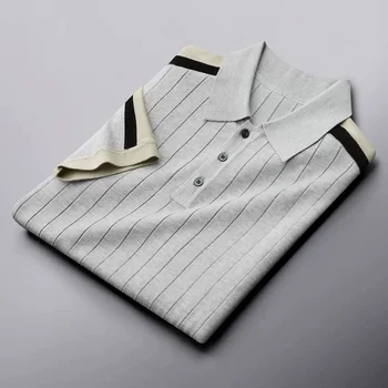 Luksuzni trend kontrast barve River ledu svile, pletenih polo majica za moške poletne high-end korejski slim kratek sleeve majica s kratkimi rokavi moški vrh