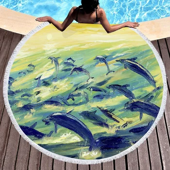 Dolphin Abstraktna Umetnost Krog Plaži Odeja,Pesek Odpornega Poliestra Plaža Brisačo,Vpojne Quick Dry Bazen Brisačo Prenosni Piknik Mat