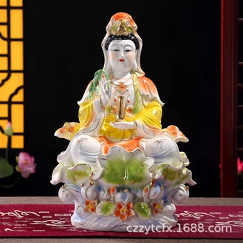 18 inch Jade Porcelana Barvno Sedel Lotus Listov Guanyin Bodhisattva Kip Bude Ornament