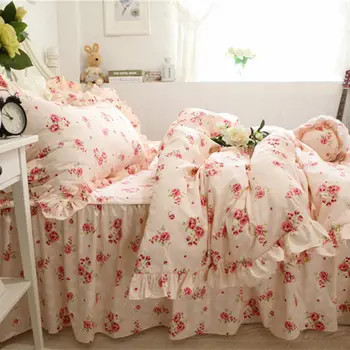 Evropski stil posteljnina nabor rdeče vrtnice natisni posteljnina ruffle rjuhe kritje ročno posteljo stanja krilo tip princesa kmečko bedspread