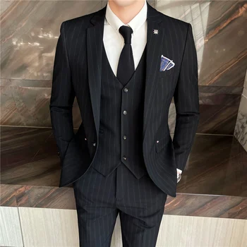 Priložnostne Tri-Delni Set( Blazer + Telovnik + Hlače ) Ženina Poročna Obleka Temno Klasičen Retro Moški Formalna Poslovna Obleka Nove Poslovne