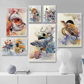 Kita Dolphin Hobotnica Morskih Živali Pošast Akvarel Slika Abstraktna Platna, Plakati, Tiskanje Dnevna Soba, Spalnica, Hodnik, Dekor