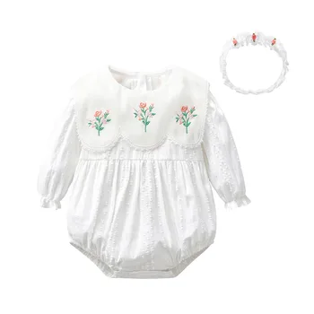 Novorojenček korejski Vezeni Cvetlični Romper s Trakovi Baby Dekle Bombaž Boutique Oblačila Dekleta Rojstni dan Jumpsuit