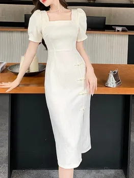 Eleganten Poletje Kitajski Slog Midi Ženske Obleke Letnik Bodycon Slim Stranka Haljo Ženska Elegantna Moda Vestidos Clothings