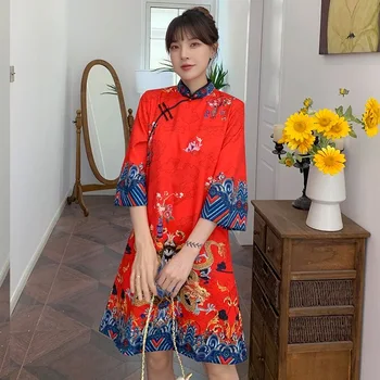Ins Rdeča Modra Svoboden 2023 Nov Modni Sodobni Kitajski Cheongsam A-line Obleka Ženske 3/4 Rokav Qipao Tradicionalna Kitajska Oblačila