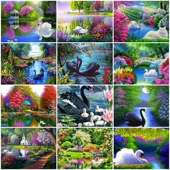 HUACAN DIY Slike S Številkami Vrt, Edinstveno Darilo Wall Art HandPainted Barvo S Številko Swan Živali Za dnevno Sobo