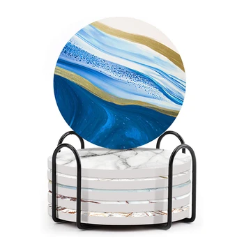 4Pcs Pokal Pad Coasters za Pijače Vlaknati z Imetnik Marmorja Oblikovanje Keramike Železnica Kuhinja Namizni Varstvo Pijačo Coasters
