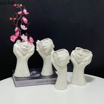 Bele Keramične Vaze Okrasni Cvetlični Aranžma Posušen Cvet Vaze Človeško Glavo Vaza Doma Dekorativne Vaze Kip, Kiparstvo Obrti