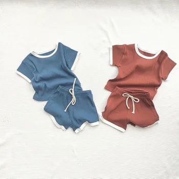 Otroci Oblačila Sklop Korejskem Slogu Pomlad Poletje Baby Barva Bombaža, Kratek Rokav, Kratke Hlače Komplet Udobno Srčkan Dve Delni Set