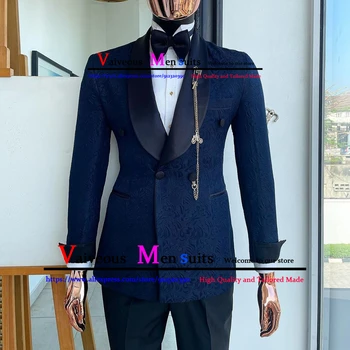 Tailor-Made Men bo Ustrezala 2 Kosa Klasičnih Mornarsko Modra Jacquardske Poročno Obleko za Moške 2022 Slim Fit Ženina Jopičem Kostum Mariage Homme