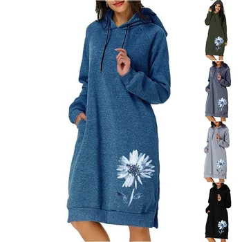 2022 Jesen in Zima Bela Chrysanthemum Hooded Pocket Oblačenja Mid-dolžina Pulover Ženske Oblačila