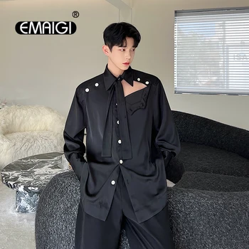 Moški Multi-gumb Kravato Dolg Rokav Svoboden Priložnostne Majice Moški korejski Ulične Mode Črno Belo Srajco Neto Celebrity Obleko Majice