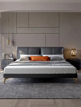 Italijansko sodobno minimalistično usnje posteljo Nordijska luč luksuzni minimalističen enota velikosti 1,8 m master spalnica zakonska postelja