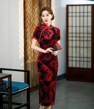 Tradicionalni Mandarin Ovratnik Zgrinjati Ženiljska Cheongsam Kratek Rokav Qipao Kitajski Ženske Obleke