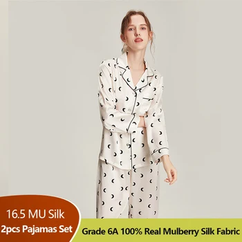 100% Mulberry Svile Pižamo Set Designer Natisnjena Dva Kosa Pižamo Nastavite Dolg Rokav Celotno Dolžino Sleepwear Doma Obleko