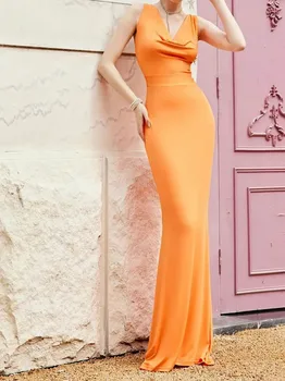 2023 Visoko-elastične Stranke Obleke Oranžna Bodycon brez Rokavov Trobenta Obleko Dolžina Tal Backless Pravljice Maturantski Obleki Vestidos De Noche