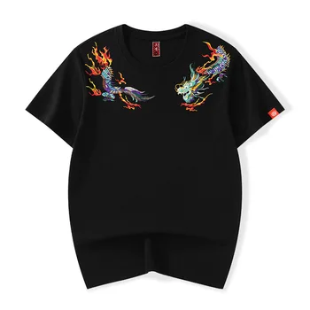 Harajuku Moške Kitajski Stil Črni Zmaj Vezenje T-shirt Poletje Priložnostne Kratek Rokav Krog Vratu Vrhovi Tshirts