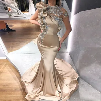 Večerne Obleke Visoko Vratu Šampanjec Beaded z Okrasnih morska deklica Prom Obleke Skp Rokavi Dubaj Stranka Halje 2023