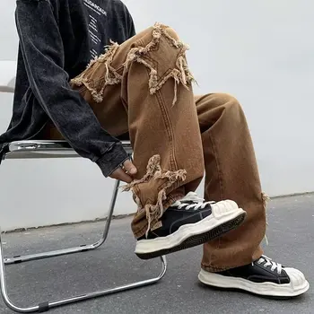 Moški Oblačila 2023 Nov Modni Zvezde Brisačo Vezenje Rjavo Vrečko Moške Jeans Hlače Naravnost Hip Hop Hlače Pantalon Homme