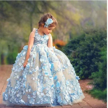 Lepa Princesa Roža Punca Obleke Za Poroko 3D Cvetlični Appliqued Malčka Pageant Dolžina Tal Plffy Til Obleke