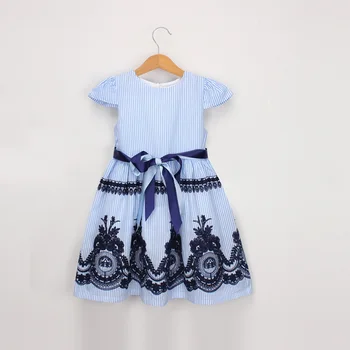 Trgovina na drobno Modri Trak Vezenje Obleko Za Baby Dekleta Otrok Poletje Bombaž Vzročno Obleko Otroci Oblačila 2-6Y LT011
