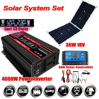 12V za 110V/220V Solarni Sistem Power Inverter Nastavite 4000W Power Inverter z LCD Zaslonom+36W/18V Sončne celice+30A Regulator