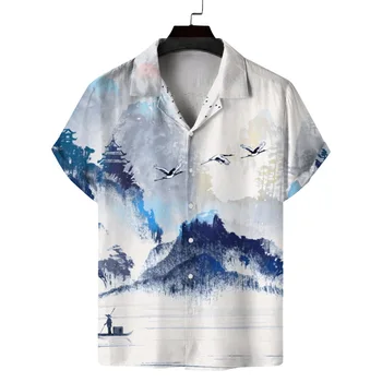 Majica za Moške Kitajski Slog Tiskanja River Kratek Rokav Havajske Srajce Poletje Proti-vrat Tees Prevelik Jopico Vrhovi