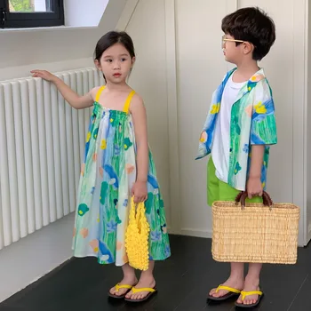 2-11Y otroških Oblačil Brat in Sestra Zelena Oblačila 2023 Poletje korejski Moda Črnila in Pranje Dekle Obleko ali Fant je Majica