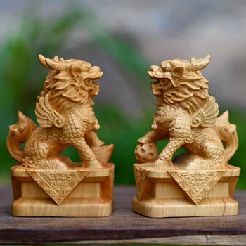 Lesene Kirin Maskota Kip Ročno izrezljane iz masivnega lesa kitajske tradicionalne maskota figurice Doma, dnevna soba, soba, okraski