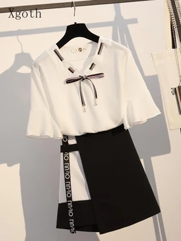 2022 Preppy Moda Obleko Ženske Lotus Listov Rokav Šifon Majica + Črno Belo Šivanje Krilo Svoboden Dva kosa Dekle Obleko